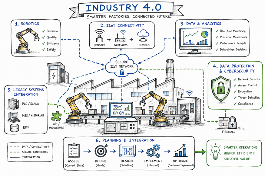 Industrial 4.0 infographic with factory robots, cloud data, sensors, smart machinery, and security icons