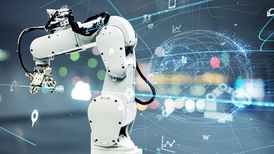 White robotic arm with a gripper over a digital data background and analytics icons