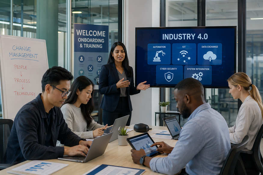 Team meeting in a bright office with laptops and a presenter beside an “Industry 4.0” screen.