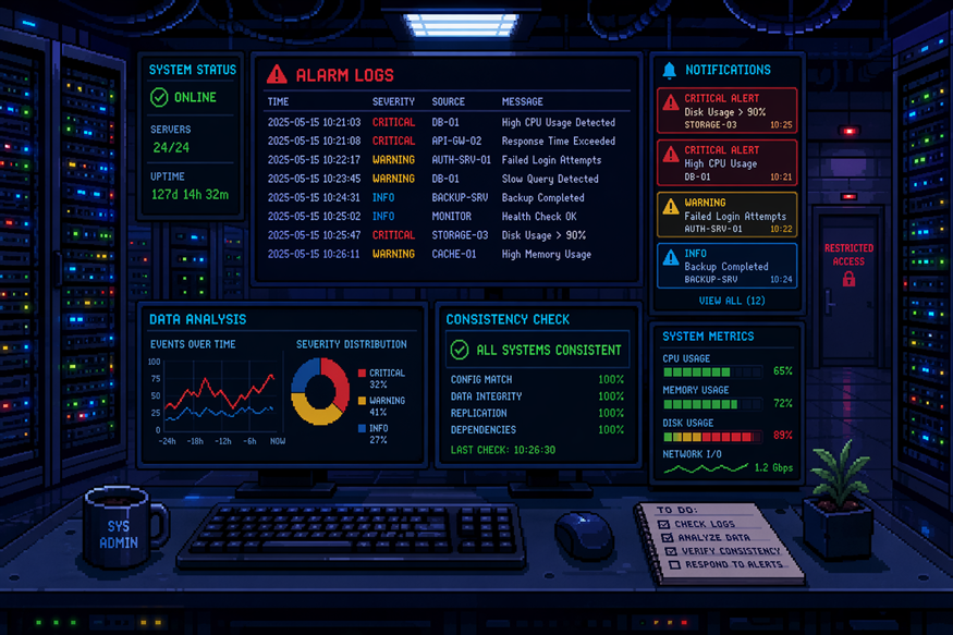 Futuristic data dashboard with glowing red and blue charts on multiple monitors above a desk