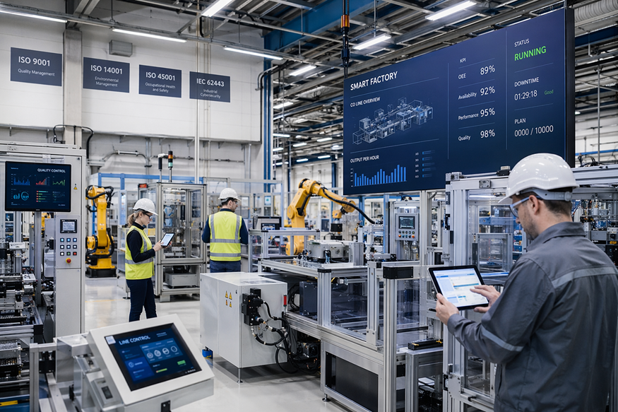 Factory floor with workers using tablets beside robotic machinery and large digital display screens