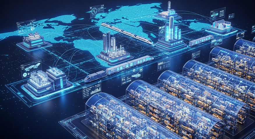 Futuristic blue digital cityscape with glowing towers, data centers, and connected grid-like infrastructure