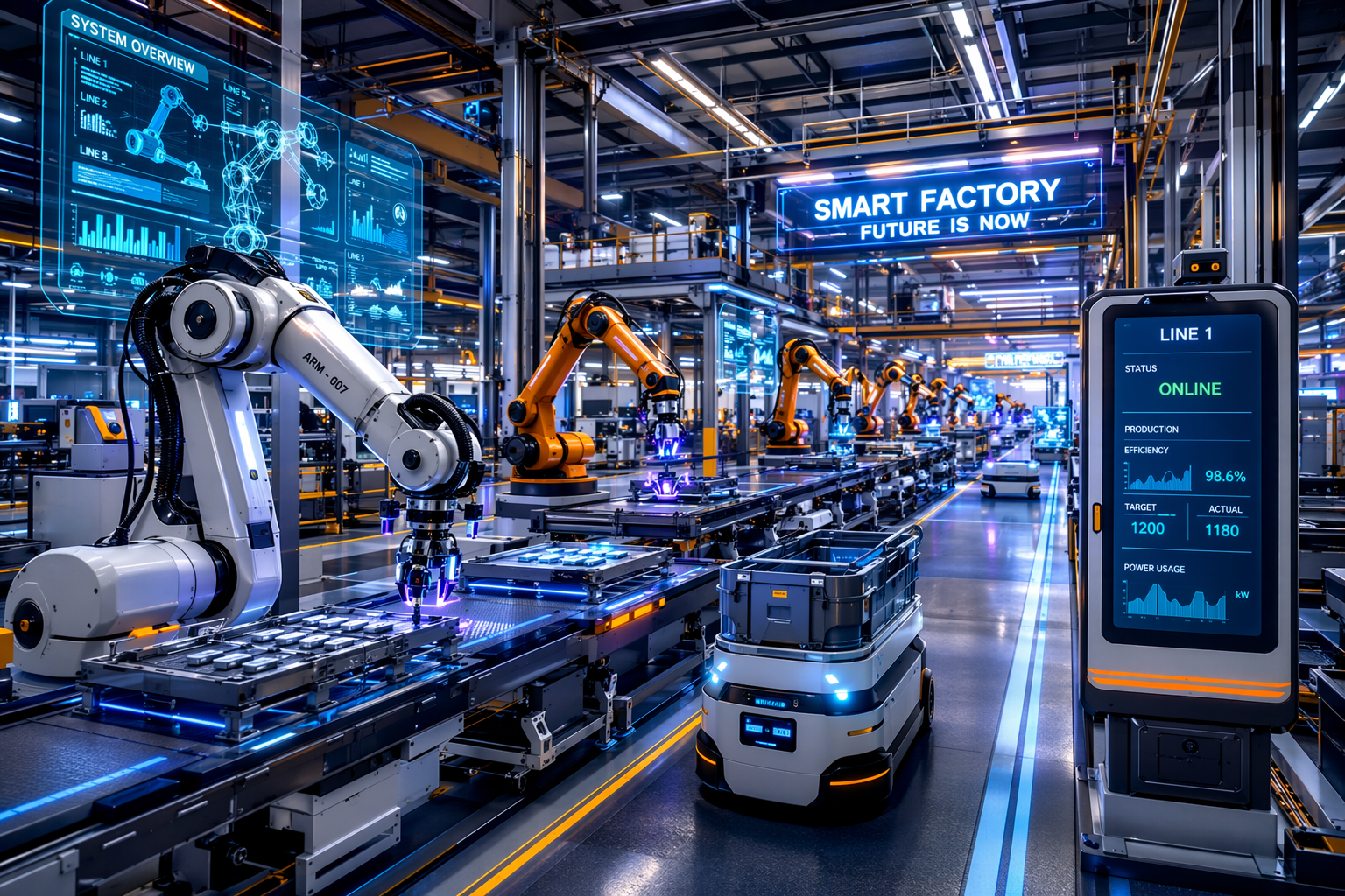 Robots assembling products on a futuristic factory line under blue lighting, with a “SMART FACTORY” sign.