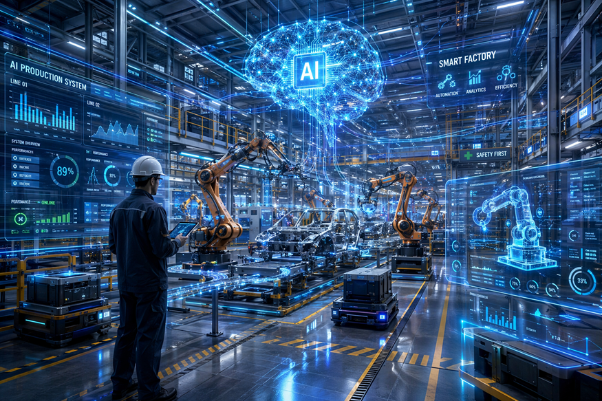 Futuristic factory floor with robots, glowing AI hologram, and a person overseeing automated production
