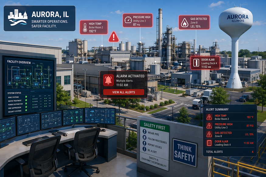 Industrial cityscape with multiple digital safety alerts and control screens overlooking Aurora, IL refinery