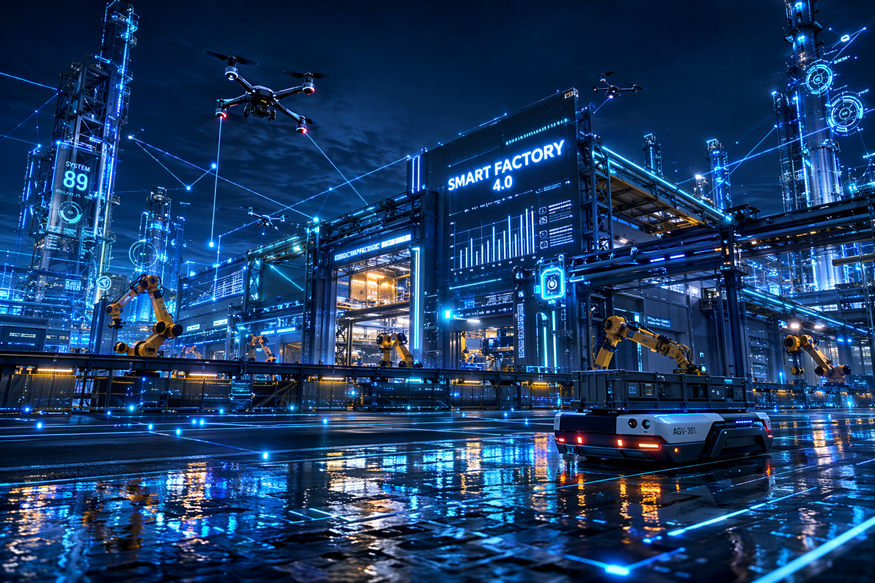 Futuristic smart factory at night with blue neon lights reflecting on wet pavement and robotic machinery