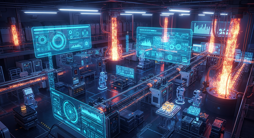Futuristic data center with glowing blue screens and orange energy columns in a dark server room