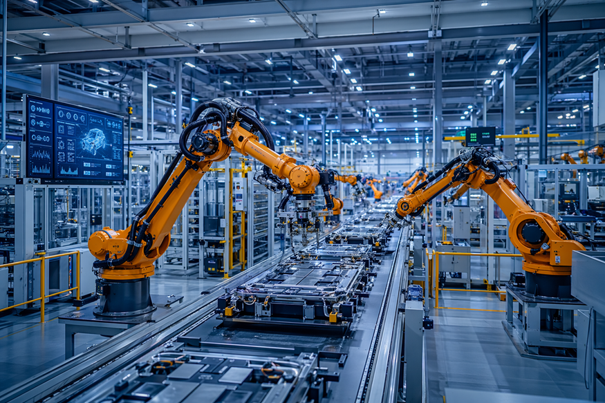 Automated factory with orange robotic arms working along a conveyor line inside a bright industrial warehouse