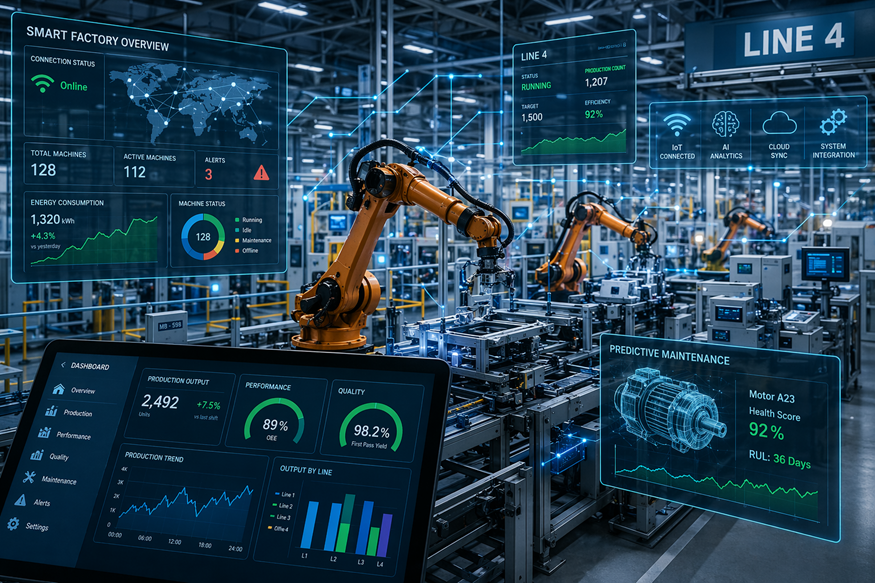 Futuristic factory with robotic arms, digital dashboards, and glowing blue data displays on an assembly line