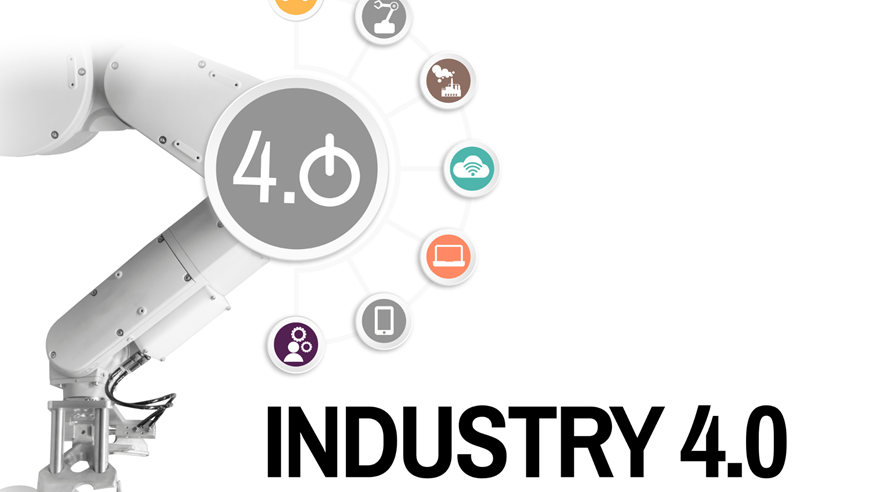 Industrial robot arm with “4.0” icon and “INDUSTRY 4.0” text on a light background