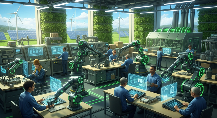 Engineers monitoring a futuristic control room with solar and wind energy displays, bright green-lit screens.