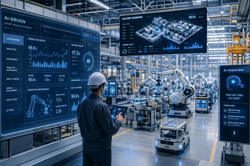 Factory control room with a worker monitoring robotic assembly lines and digital dashboards