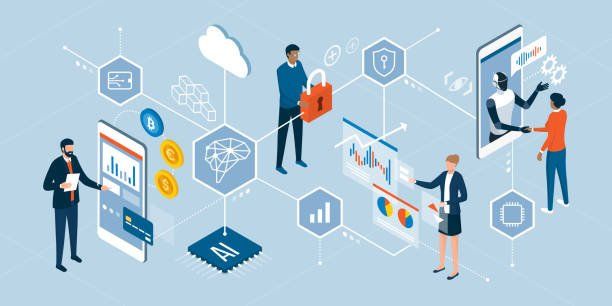 An isometric illustration of a group of people working on a project.