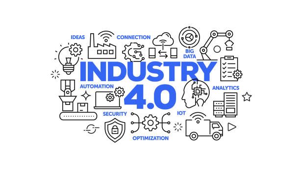 The word industry 4.0 is surrounded by icons on a white background.