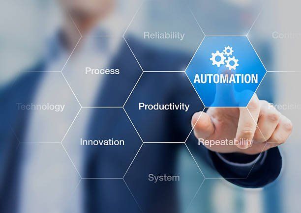 A man in a suit is pressing a button on a screen that says automation.