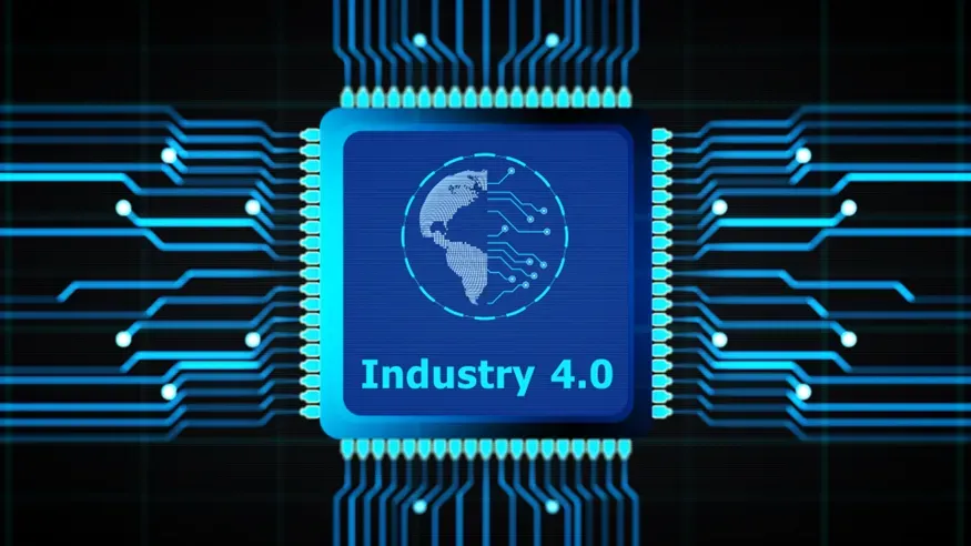 Blue circuit board graphic with a glowing chip labeled “Industry 4.0” and a globe icon in the center