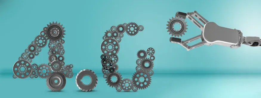 Stylized gears form “4.6” with a robotic hand on a blue background