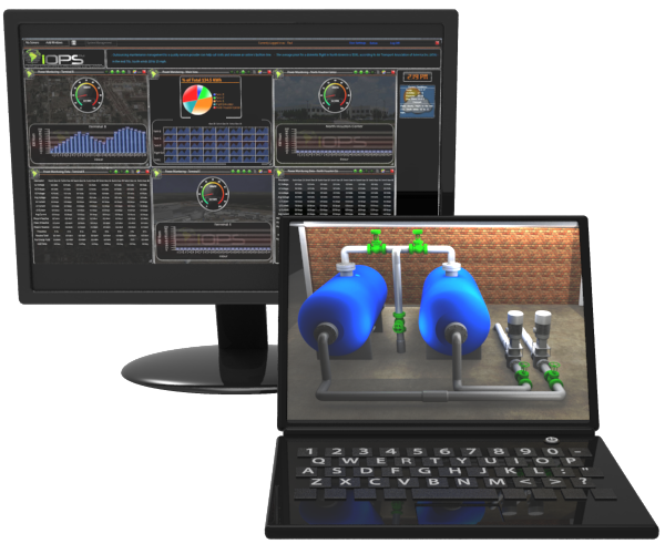 A computer monitor and a laptop with a picture of blue pipes on the screen