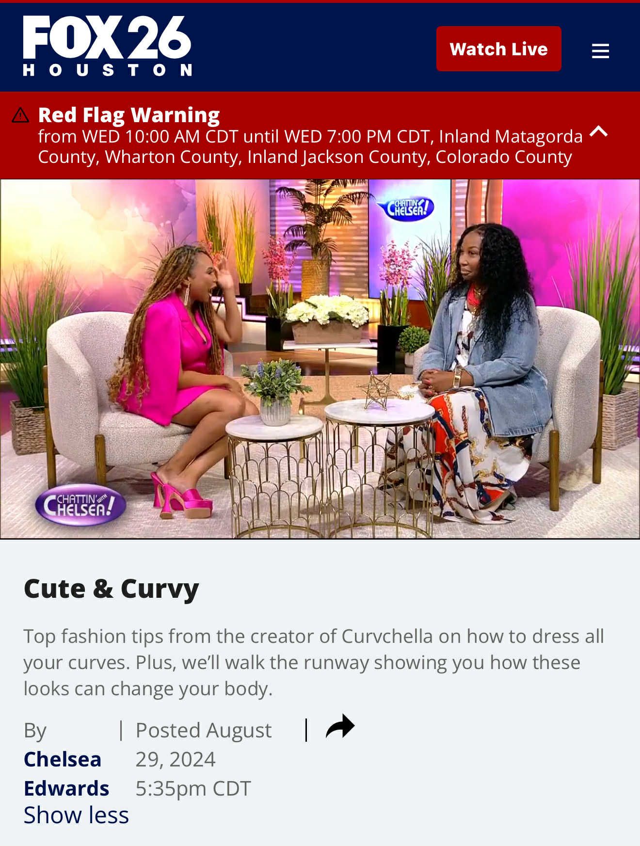 Two women on a talk show set, discussing fashion tips.