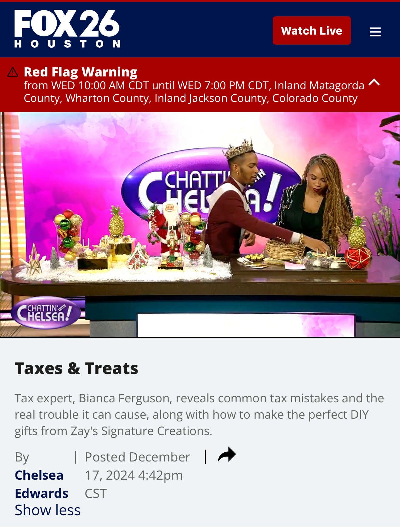 TV segment: Tax expert and woman decorate treats on set, Fox 26 Houston.