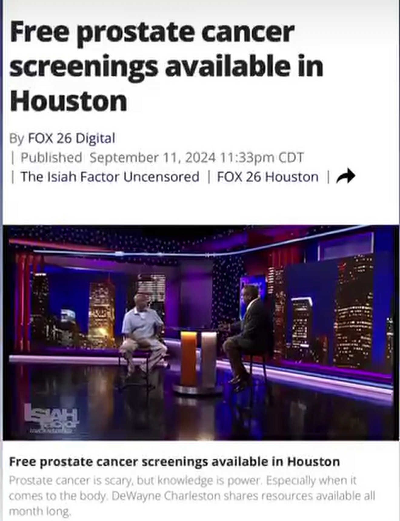 Headline: Free prostate cancer screenings in Houston. Two men in a studio discuss the screenings.