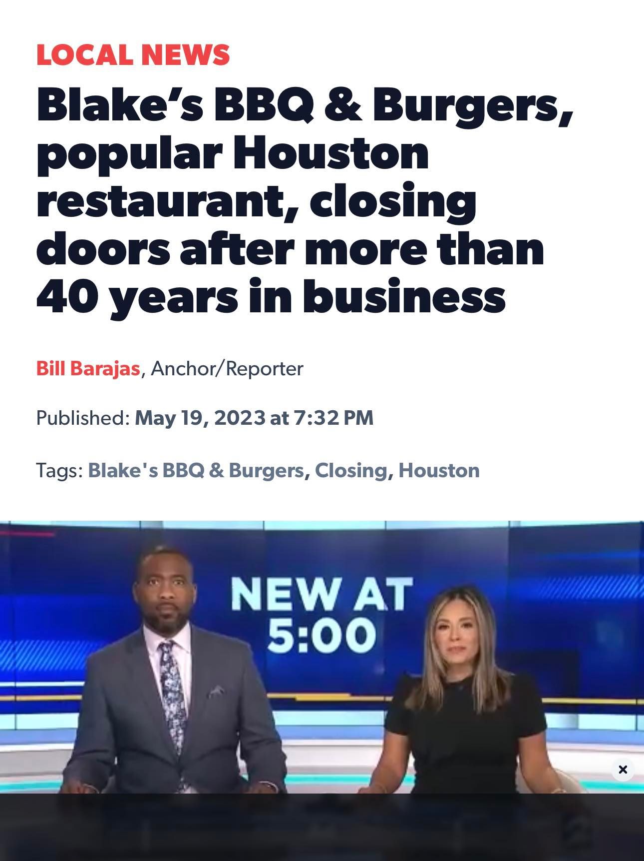 News headline: Blake's BBQ & Burgers closing after 40 years. Anchors at news desk.