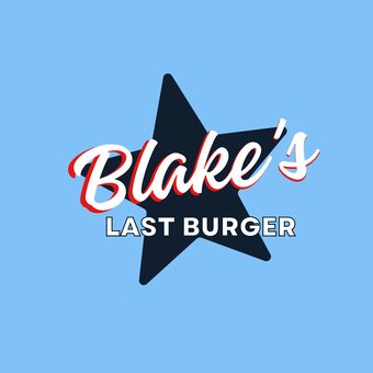 Logo for Blake's Last Burger: white text with red shadow, inside a navy blue star on a light blue background.