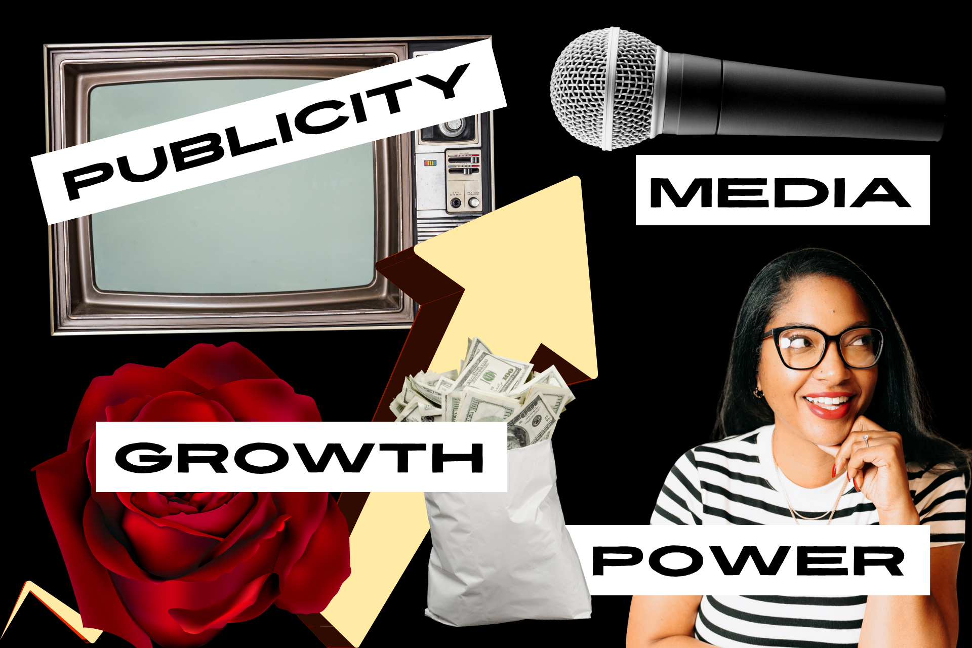 Woman with glasses, money bag, rose, TV, microphone, words 