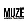 Logo for Muze Marketing & Management, black text, red rose, and hashtag #creativeaf.