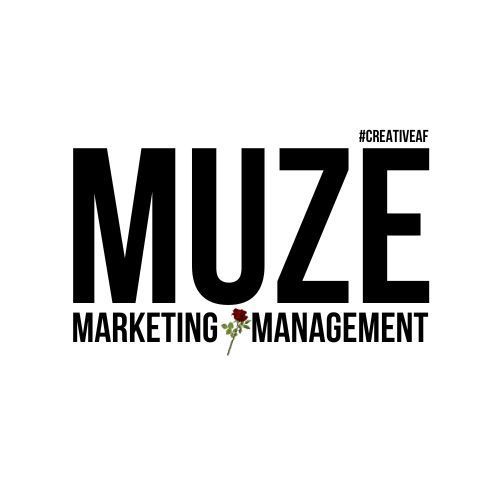 Logo for Muze Marketing & Management, black text, red rose, and hashtag #creativeaf.