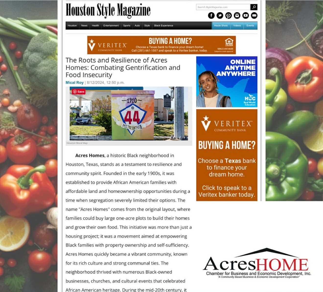 Article about Acres Homes in Houston, Texas, with a photo of a sign and vegetables in the background.