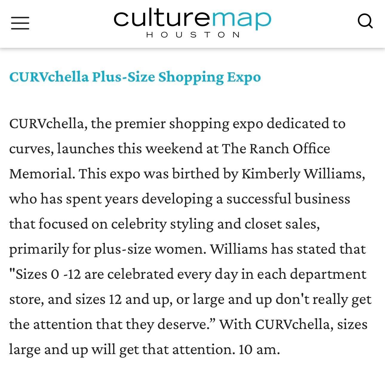 Article about CURVchella, a plus-size shopping expo, at The Ranch Office Memorial. It was created by Kimberly Williams.