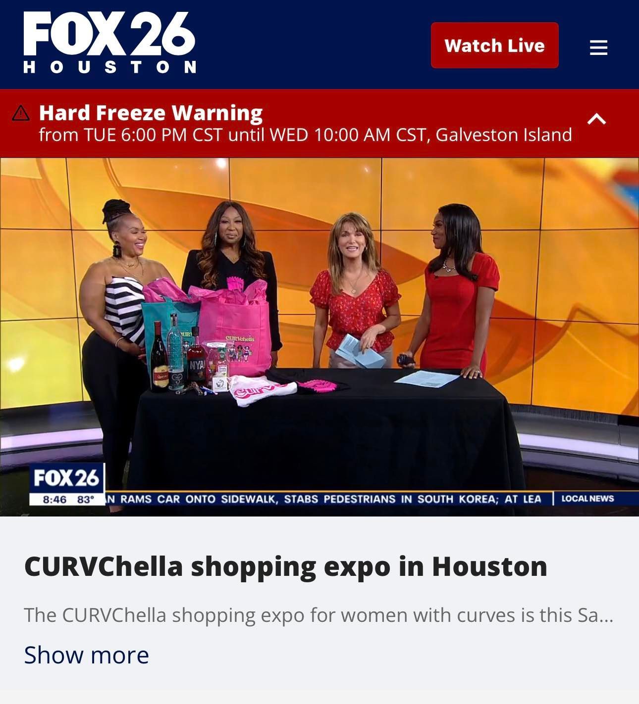 FOX 26 Houston news segment: women at a table displaying items. Text: CURVChella shopping expo in Houston.