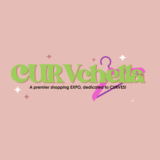 Logo for CURVchella, a shopping expo dedicated to curves. Green text on pink background with hanger graphic.