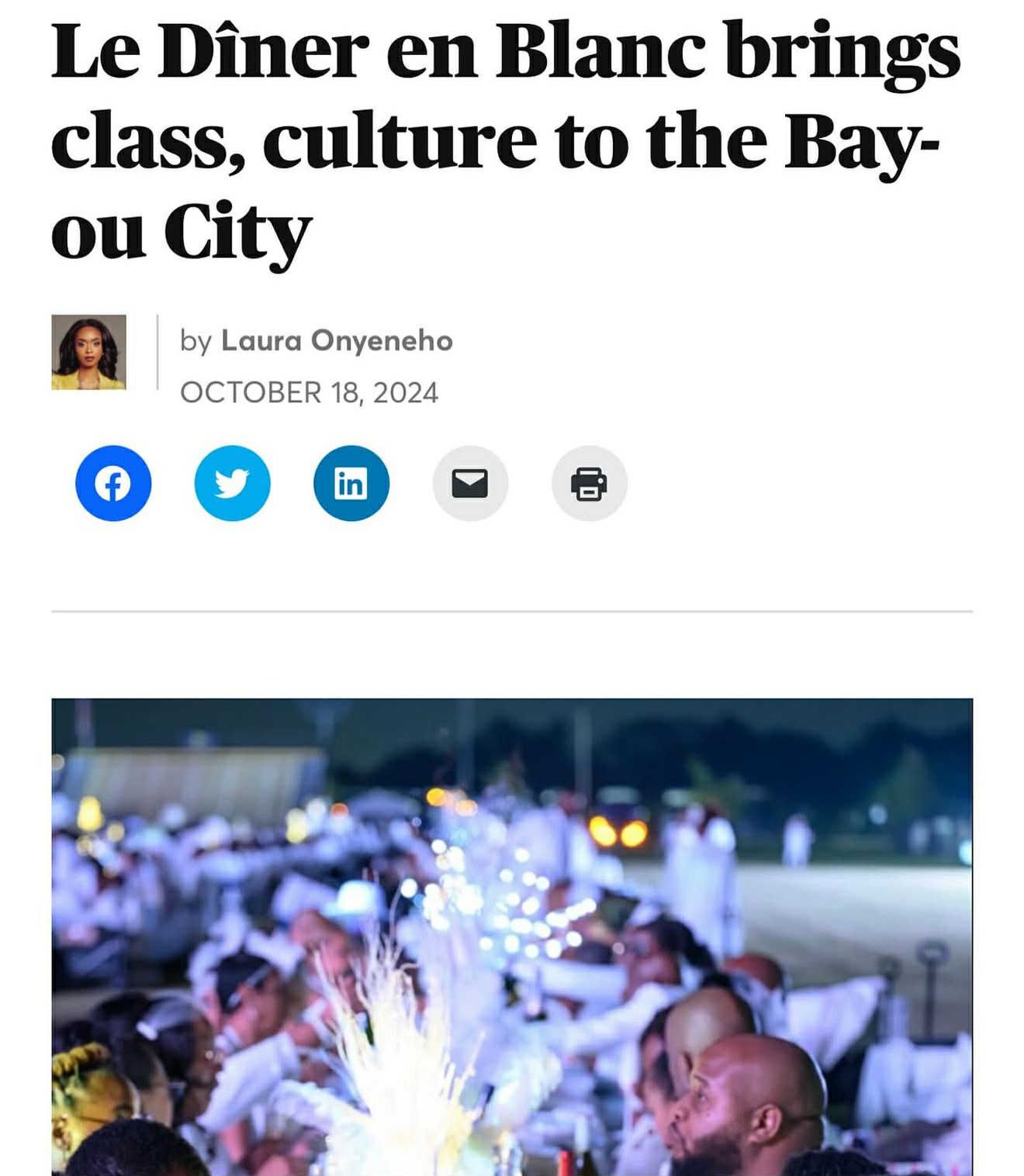 Article headline: Le Dîner en Blanc brings culture to the Bayou City. A photo of people at a white-themed dinner party.