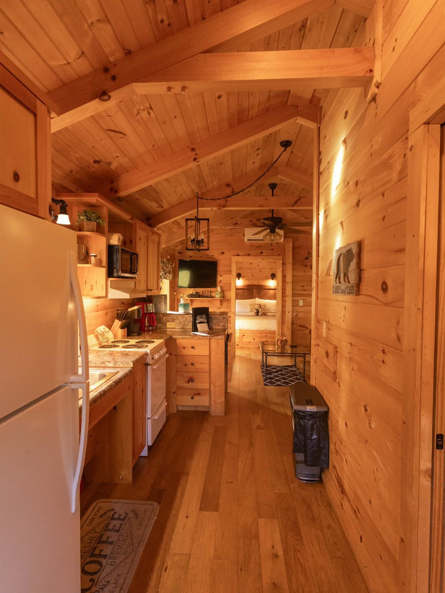 Cozy cabin kitchen interior with warm lighting