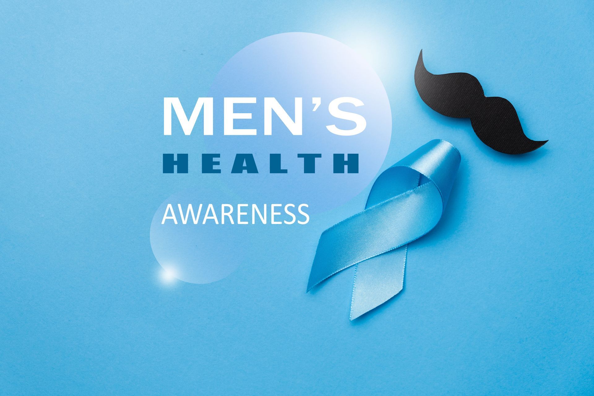 Blue ribbon and mustache on a blue background, text: Men's Health Awareness.