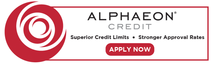 Alphaeon Credit logo. Red swirl graphic. Apply Now button, claims superior credit limits and stronger approval rates.