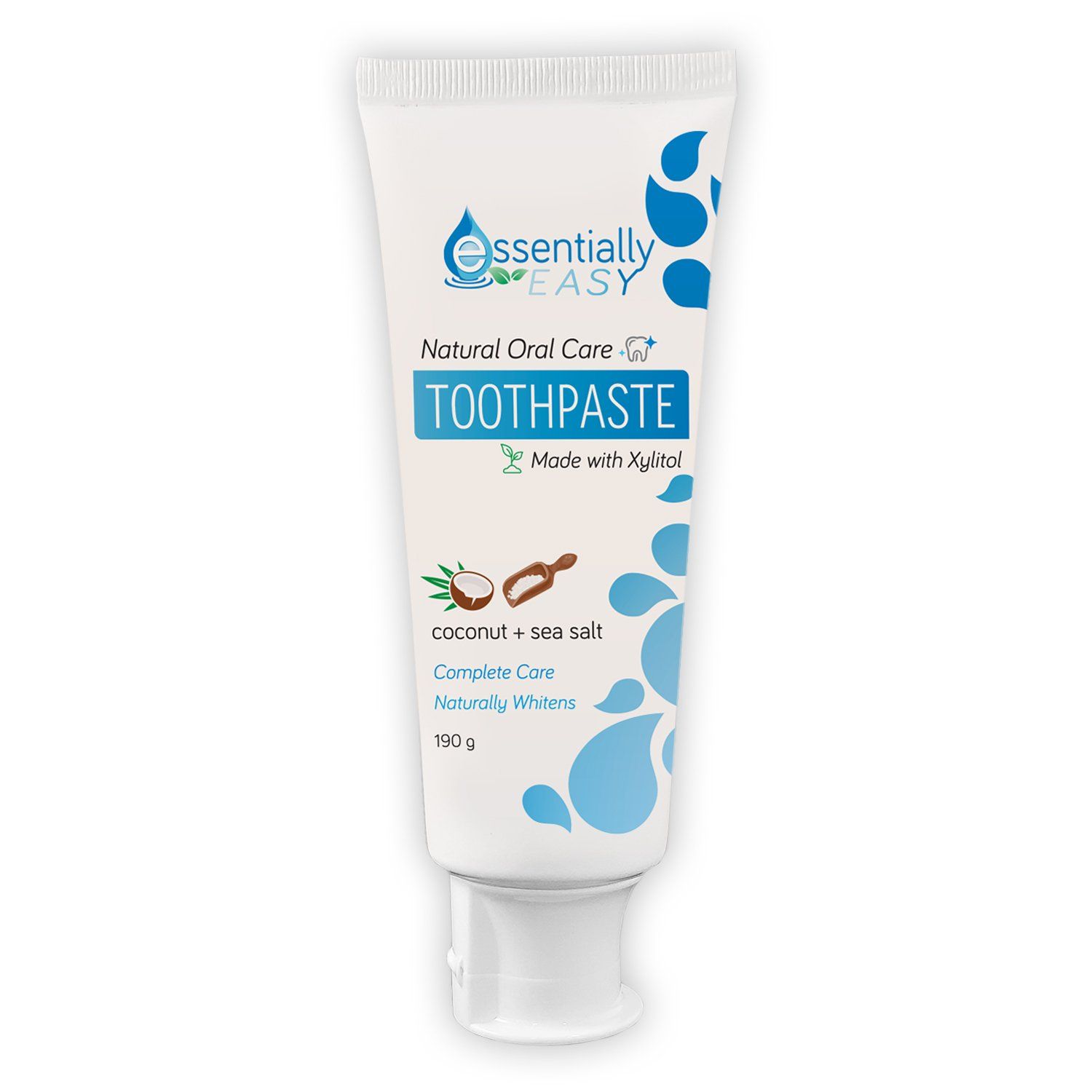 A tube of essentially easy toothpaste on a white background