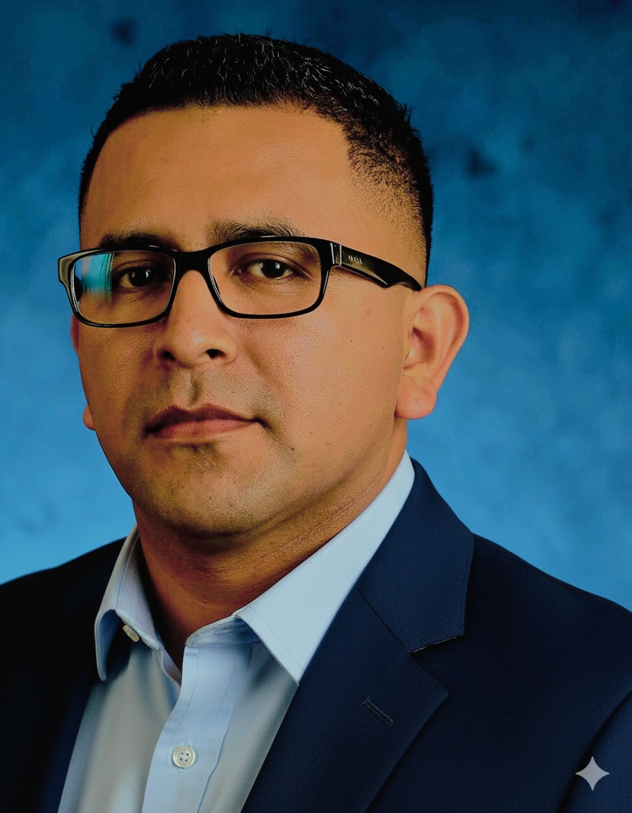 Man with glasses in a suit looking at the camera against a blue background.