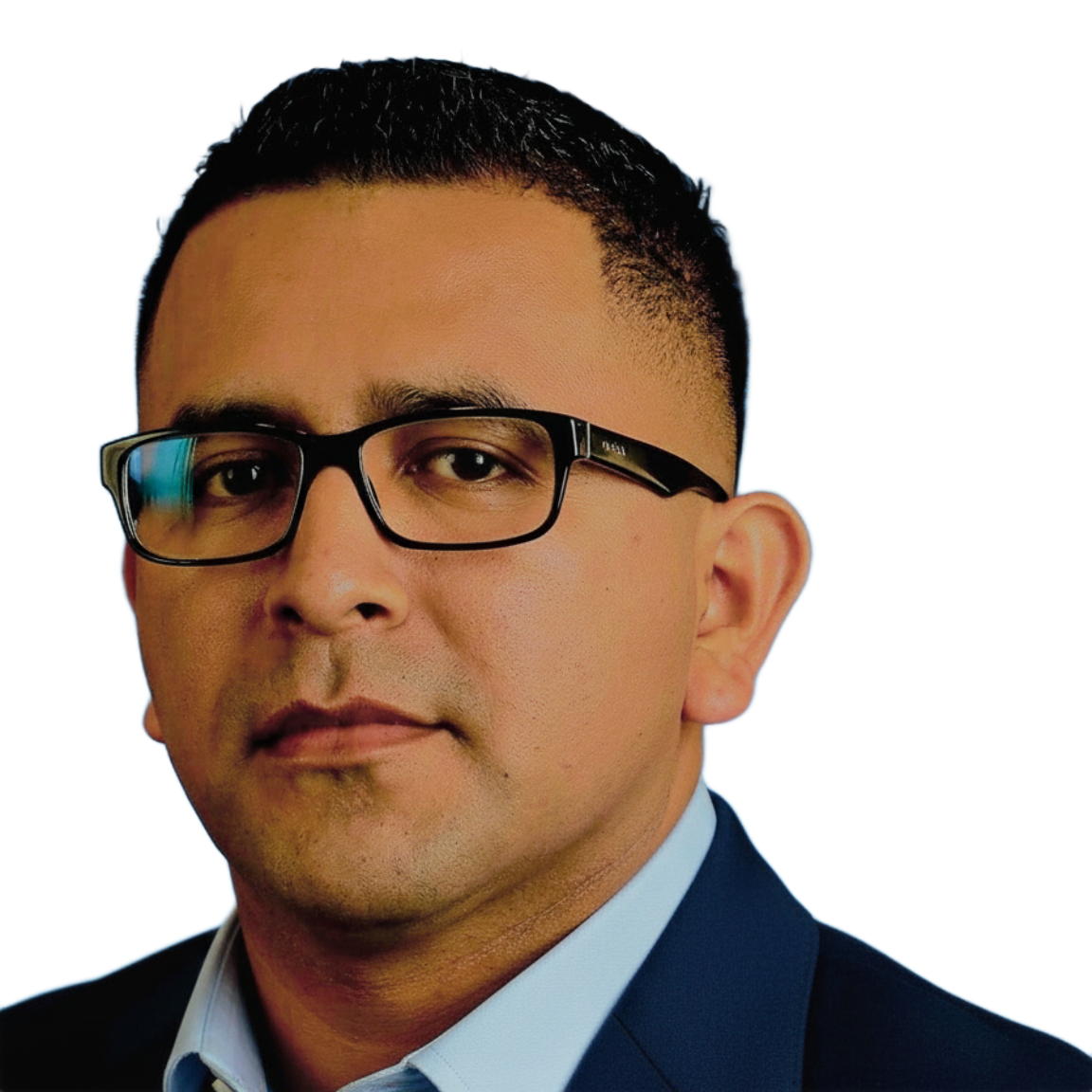 Man with glasses, wearing a blue blazer, looking directly at the camera.