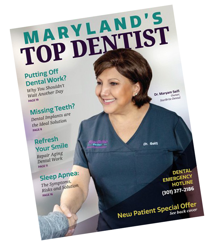 Maryland 's top dentist magazine with a woman shaking a patient 's hand