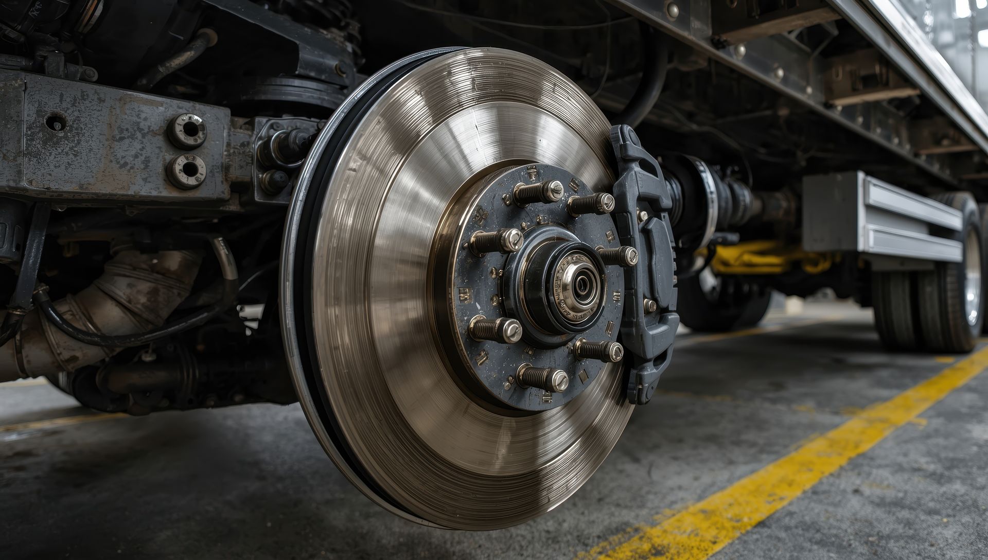 Truck disc brake with caliper, close-up shot in a garage, featuring silver and black metal. Truck disc brake with caliper, close-up shot in a garage, featuring silver and black metal.
