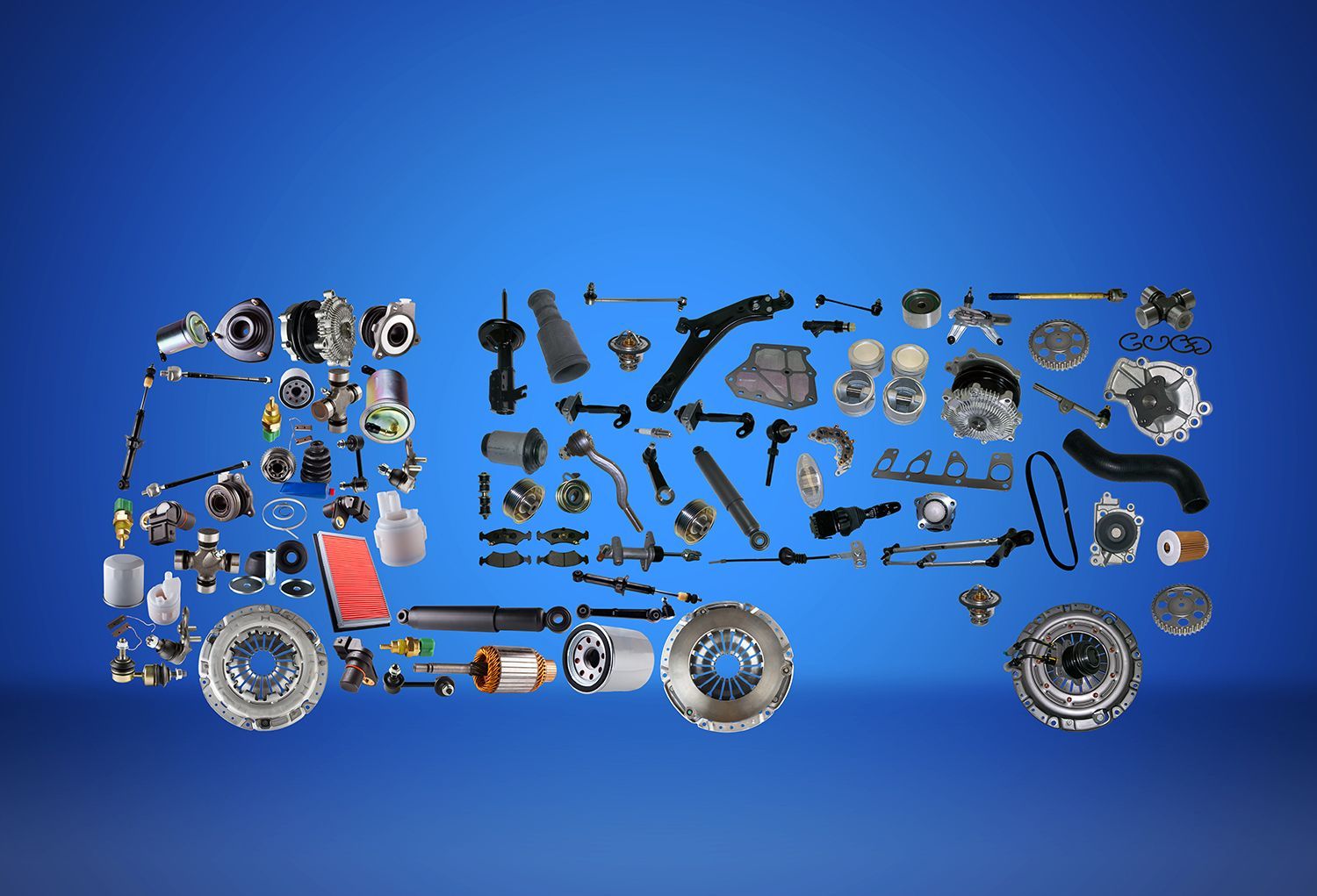 Image of a truck assembled from new heavy-duty trailer parts on a blue background. Image of a truck assembled from new heavy-duty trailer parts on a blue background.