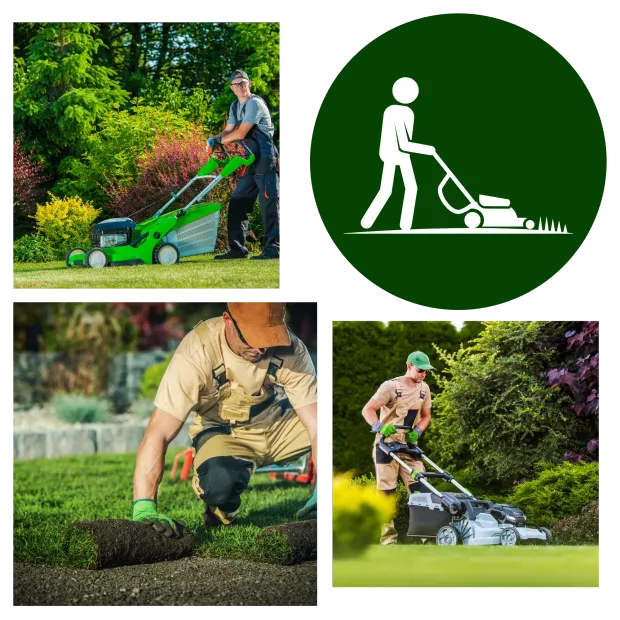 Green Wave Lawn Care - A man is mowing a lawn with a green lawn mower.