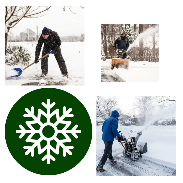 A man is shoveling snow with a shovel and a snow blower.