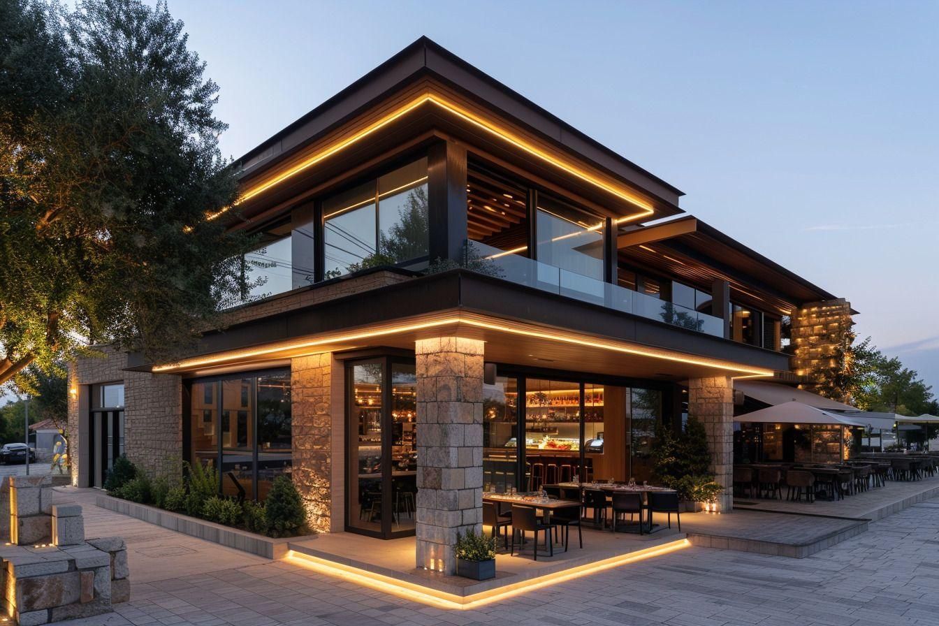 Modern two-story stone and wood restaurant with warm lights at dusk