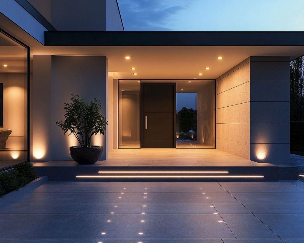 Modern home entrance at dusk with warm lights, potted plant, and sleek stone patio