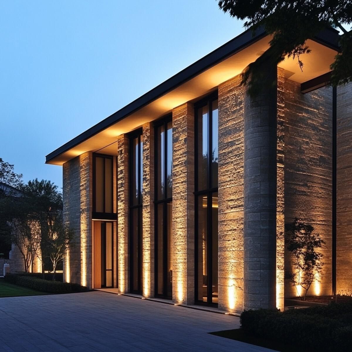Modern brick house exterior at dusk with warm vertical lighting along the facade