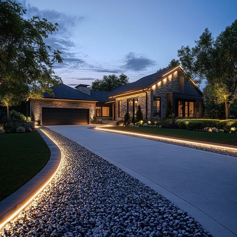 Modern house at dusk with lit driveway, landscaped yard, and attached garage